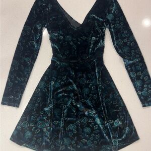Hollister Teal Floral Velvet Long-Sleeve Dress